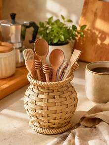 1pc Round Woven Rattan Kitchen Organizer, Wicker Utensil Holder And Countertop Storage Basket For Spatulas, Spoons, Whisks, Cutlery And Chopsticks - Multicolor - View 1