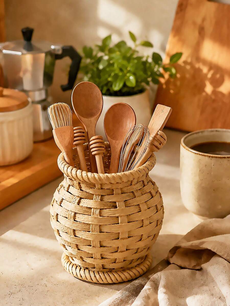 1pc Round Woven Rattan Kitchen Organizer, Wicker Utensil Holder And Countertop Storage Basket For Spatulas, Spoons, Whisks, Cutlery And Chopsticks - Multicolor - View 1