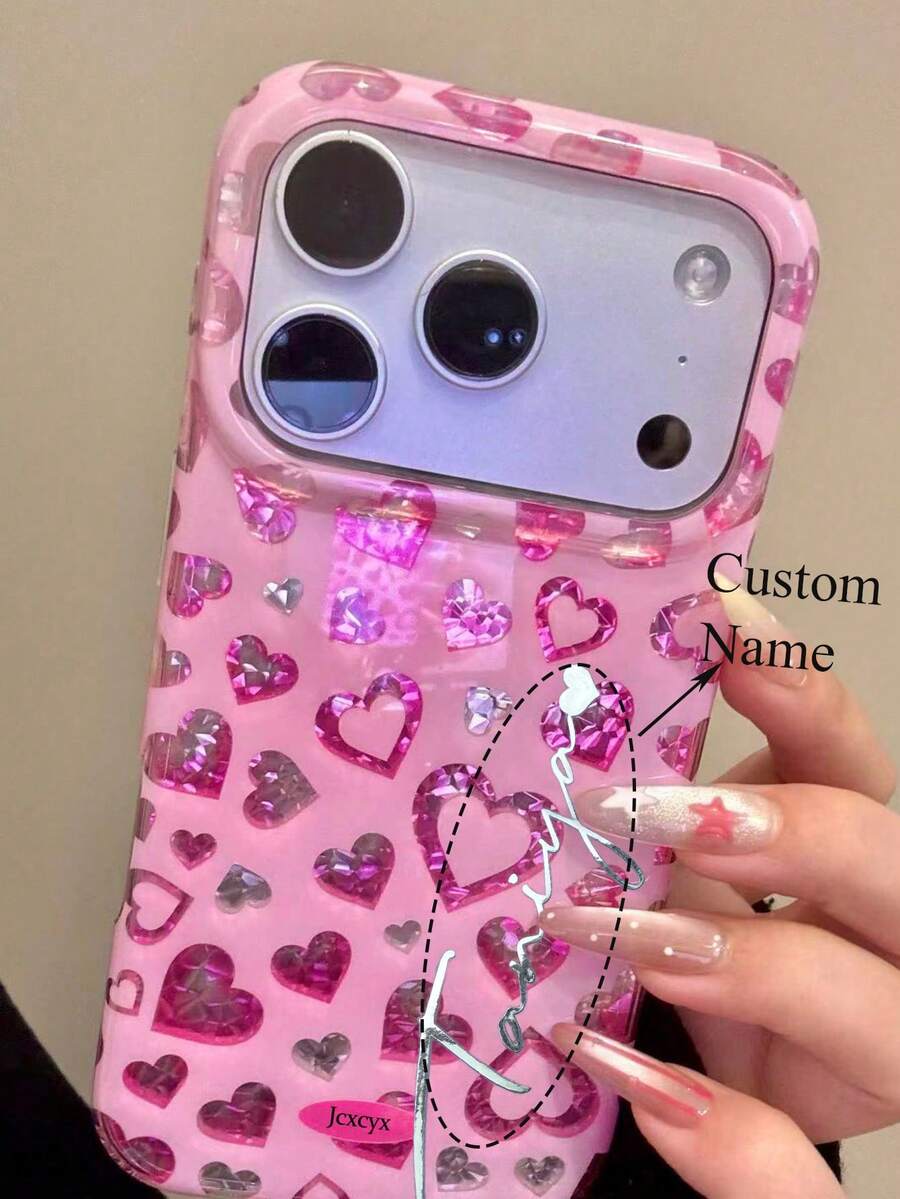 客製化姓名時尚全螢幕亮片粉色愛心純色手機殼,適用於 iPhone 17 Pro Max 17 Pro 17 16 Pro Max 16 Pro 16 15 Pro Max 15 Pro 15 14 Pro Max 14 Pro 14 13 Pro Max,可愛甜美防震保護殼 - 玫紅色 - 查看 1