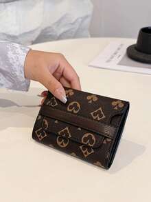 XD New Brown PU Random Print Compact Folding Card Holder For Girls, Multi-Slot Design, Fashionable And Versatile, Scratch-Resistant Card Holder Storage Bag, Flap Closure Lightweight Handbag, Suitable For Girl, Mini Wallet, Summer Autumn Card Wallet - Multicolor - View 8