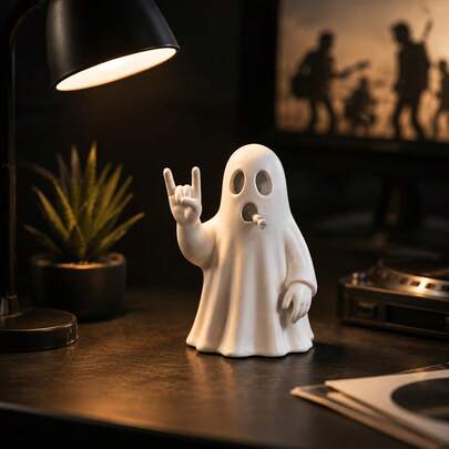 1Pc Cool Punk Rock Ghost Mini Figurine Set, Love You Gesture Resin Desktop Ornament, Unique Music Lover Tabletop Furnishing Decor, Fun Bedroom Office Shelf Display Craft, Rock Style Collectible Gothic Spooky Halloween Gift For Home Decor
