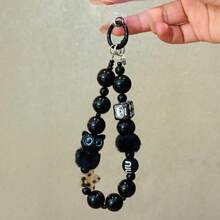 1PC Black Plush Cat Phone Lanyard Beaded Wrist Strap Car Key Chain Bag Charm Phone Hanging Chain With Free Spacer (Randomly Sent With Round Tag Or Without Round Tag) - Multicolor - View 8