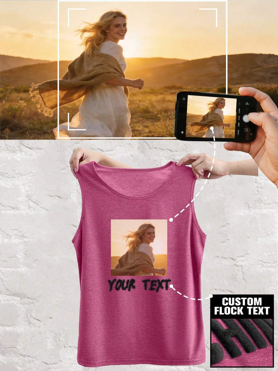 Camiseta de tirantes personalizada para mujer: Sube tu foto & añade tu texto personalizado, que se aplicará bellamente a tu diseño utilizando una técnica de flocado premium - Rojo - Ver 1