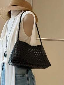Bolso de hombro de estilo japonés & coreano con diseño de nicho minimalista de moda Ins, textura tejida de gran capacidad versátil para ir al trabajo, uso al aire libre, compras diarias, bolso de axila, bolso baguette, bolso de mano pequeño - Negro - Ver 4