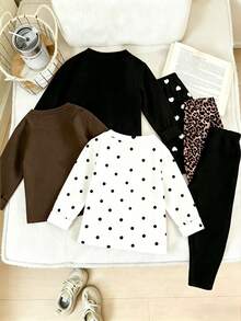 Random 6pcs/Set Girls Casual Fashion Cute Bow, Polka Dot, Heart, Leopard Print Long Sleeve And Tight Fit Set, School, Back To School Comfortable Daily Wear - Multicolor - View 3