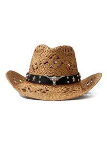 1 pieza Sombrero de vaquero de paja hueca, banda tejida de ganchillo transpirable, ala ancha vintage, accesorio de vibra enérgica, adecuado para festival de música y vacaciones en la playa - sombrero de paja - Ver 3