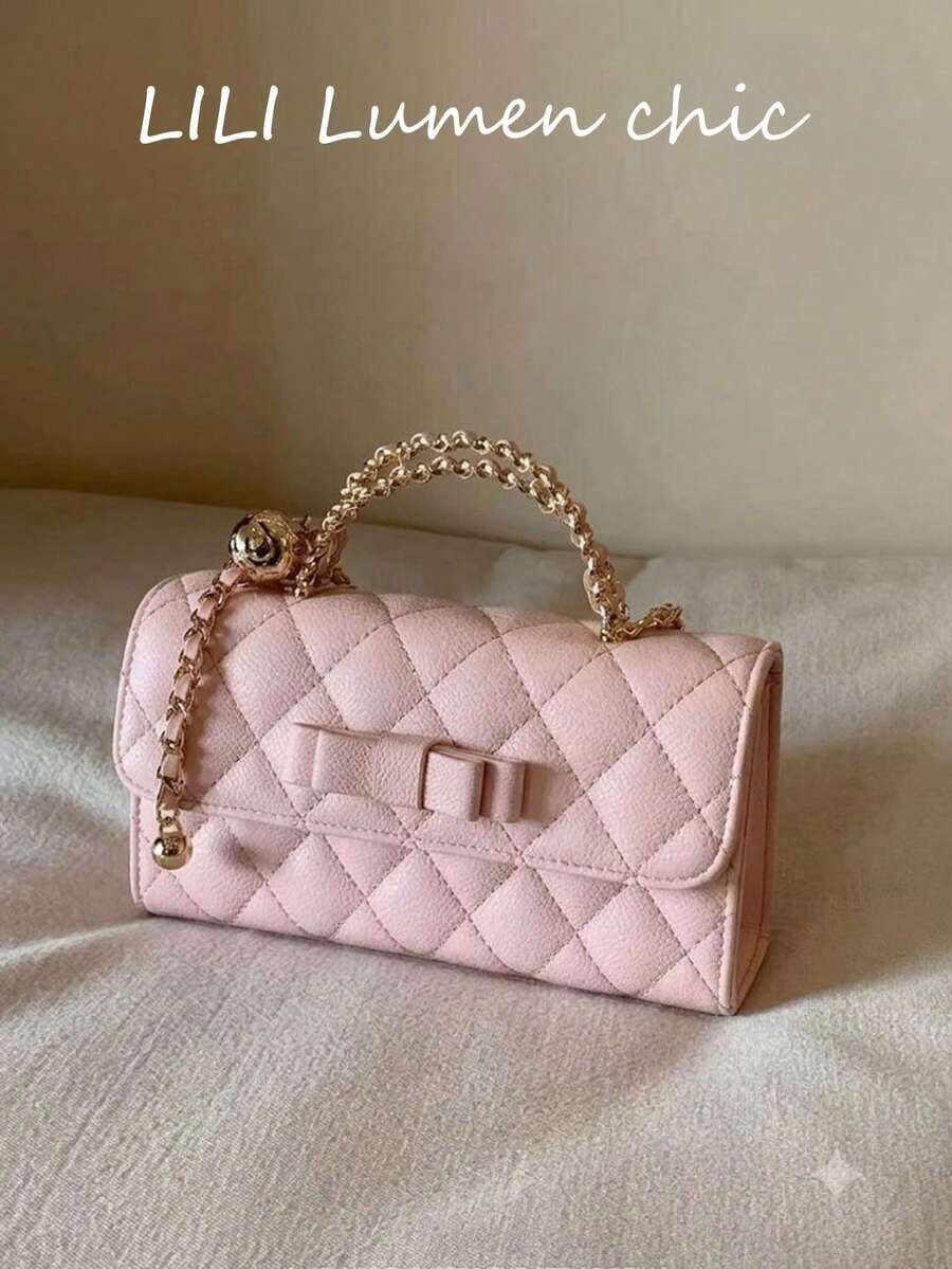 Minimalist Pink Quilted Handbag, Detachable Gold Chain Strap Bow Detail Shoulder Bag For Ladies Daily Formal Occasions - Pink - View 1