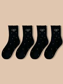 4 pares de calcetines de media caña con volantes y lazos para mujer, nuevos calcetines slouch con lunares y lazos de encaje estilo Ins, calcetines de media caña para estudiantes - Multicolor - Ver 8