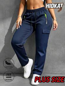 Autumn Plus Size Women's Cargo Pants With Elastic Waist And Drawstring Zipper Lightweight Multi-Pocket Outdoor Sports - Blue - View 2