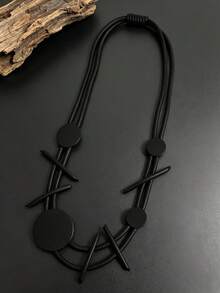 MARLIWOO 1pc Vintage Exaggerated Niche Double Layer Handmade Jewelry Fashion Gothic Style Asymmetric Design Versatile Necklace - Black - View 5