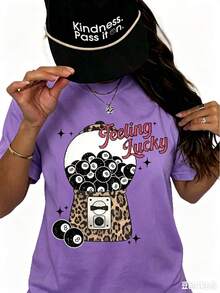 Feeling Lucky Cherry Graphic T-Shirt For Women, Casual Short Sleeve Crew Neck Printed Tee, Aesthetic Y2K Summer Top, Holiday Vacation Spring Festival - 紫色 - 查看 10
