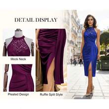 MIUSOL Elegant Women's Halter Neck Sleeveless Sequin Lace Satin Bodycon Midi Dress, Ruched Fitted Design With Side Slit For Formal Wedding, Evening,Dating - 墨綠色 - 查看 6