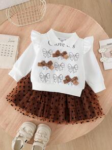 2pcs Baby Girl Sweet Spring/Autumn Outfit Set, 3D Bow Flutter Sleeve Sweatshirt With Coffee Polka Dot Puff Tulle Skirt, Lightweight Princess Style - White - View 1