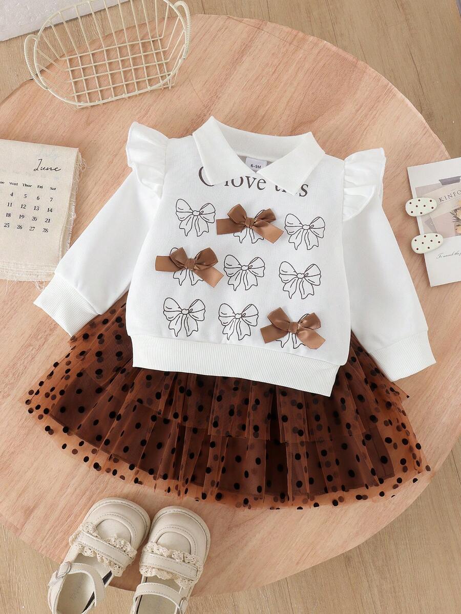 2pcs Baby Girl Sweet Spring/Autumn Outfit Set, 3D Bow Flutter Sleeve Sweatshirt With Coffee Polka Dot Puff Tulle Skirt, Lightweight Princess Style - White - View 1