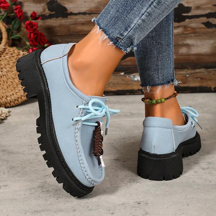 Thick Sole Comfortable Casual Lace-Up Retro Women's Casual Shoes Work Shoes Women's Loafers Sports Lace-Up Home - Light Blue - View 4