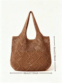 Large Capacity Hollow Knitted Tote Bag, Women's Lightweight Breathable Solid Color Woven Handbag, Suitable For Beach Travel Holiday Vacation Essentials - Brown - View 5