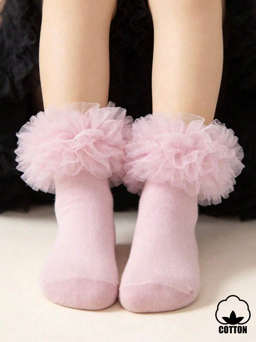 1 Pair Lolita Style Lace Trim Socks For Girls, Princess Dance Socks, Spring/Summer - Pink - View 1