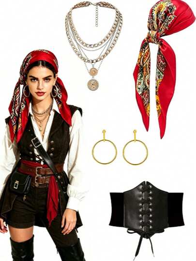 4-teiliges Halloween-Kostüm im karibischen Piratenstil – bedrucktes Kopftuch, mehrlagige Kette mit Münzanhänger, große Batik-Ohrclips in Gold, schwarzer Schnür-Taillengürtel – geeignet für Piraten-Motto-Party, Cosplay, Escape-Room-Schatzsuche und Schultheater