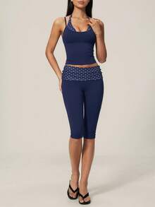 TimeOff Women's One Set Polka Dot 2 In 1 Spliced Thin Strap Tank Top & Folded Waist Shorts Sports Set - Blue - View 6