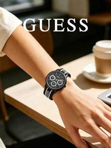 GUESS V1013M2 Matte Black Metal Three-Eye Multifunction Men's Quartz Watch, Glitter Black Dial With Black And White Vertical Stripe Print, Leather - Black - View 4