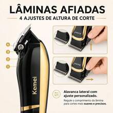 Máquina Cortar Cabelo Profissional Turbo Sem Fio Visor LCD KM-1990 Recarregável - Preto - Visão 3