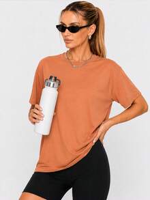 Nonwe Women Loose Fit Plain Short Sleeve T Shirt Soft Stretch Crew Neck Casual Sports Basic Tee Daily Wear - Brown - View 7