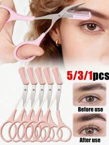 1/3/5pcs Premium Cute Pink Beauty Style , Polished Solid Stainless Steel , Built-In Attached Comb Integrated Design , Eyebrow Trimming Grooming Scissors , For Women Makeup Beginners , Travel Daily Eye Makeup Gift Tool - Eyebrow Trimmer - View 2