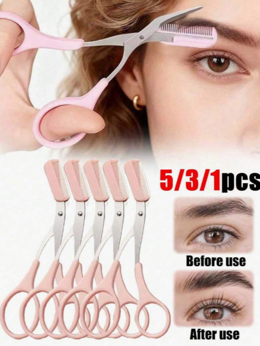 1/3/5pcs Premium Cute Pink Beauty Style , Polished Solid Stainless Steel , Built-In Attached Comb Integrated Design , Eyebrow Trimming Grooming Scissors , For Women Makeup Beginners , Travel Daily Eye Makeup Gift Tool