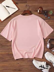Camiseta Rosa de Manga Curta com Gola Redonda e Estampa de Professora "Seja Gentil" para Mulheres Plus Size, Elasticidade Média, Solta, Casual, Presente de Volta às Aulas para Professora - Rosa chiclete - Visão 6