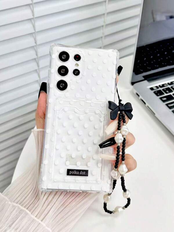 Polka Dot Painted Transparent Card Slot Silicone Soft Full Coverage Anti-Drop Phone Case With Beaded Bracelet Phone Lanyard, Compatible With Samsung Galaxy A27/A37/A57/A17/A07/S26/S26PLUS/S26 Ultra/S25/S25PLUS/S25 Ultra/A16/A36/A26/A56/A50/A12/A32/A52/A72/A51/A21S/A13/A14/S24/S24PLUS/S24Ultra,S22/A52/A53/A54/A55/S23/Compatible With Xiaomi 11/12Pro/12/12X/13Pro/14Pro/15Pro/, Anti-Drop Phone Protective Case