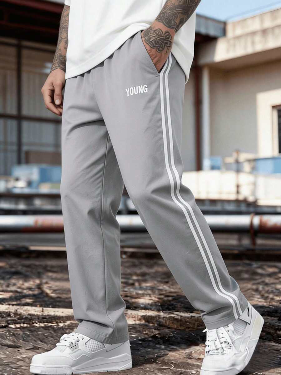 Men's Elastic Waist Colorblock Sports Long Pants, Spring/Autumn Fashion Back Pocket Design Straight Leg Casual Pants - Light Grey - View 1