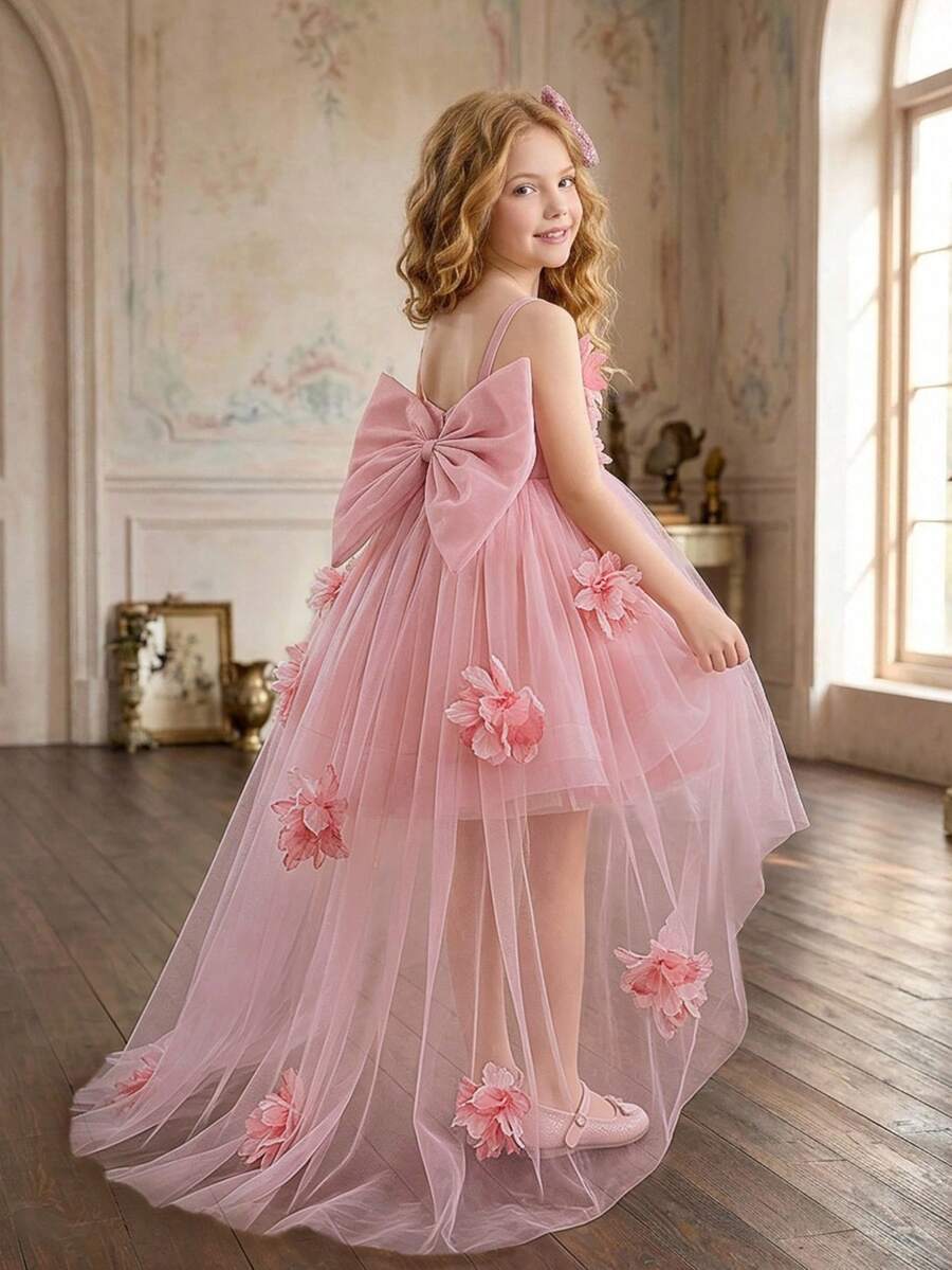 Young Girls Spaghetti Strap 3D Colorful Flower Bow Mesh Gorgeous Train Wedding Flower Girl Dress, Sweet Princess Gown For Runway, Party, Birthday, Ball, Halloween, Thanksgiving Celebration - Dusty Pink - View 1