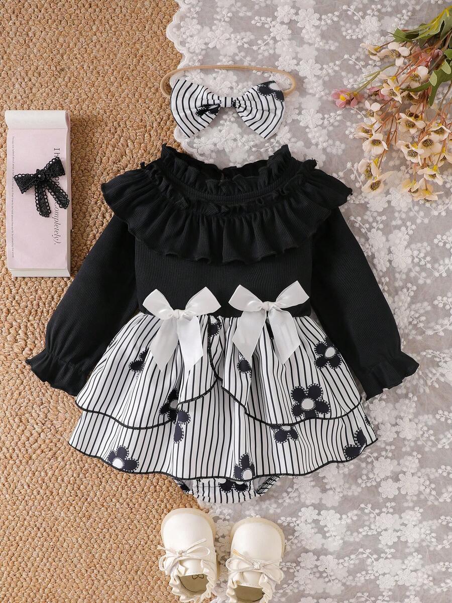 Baby Girl Black & White Sweet Cool Style 2-Piece Set, Ribbed Texture Ruffle Collar Patchwork Striped Floral Print Double Layer Hem Waist Side Bowknot Embellished Long Sleeve Bodysuit With Matching Striped Bowknot Headband Hair Accessory - Black - View 1