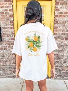 [Impression recto-verso] Vêtements décontractés amples pour femme, style frais, branches et feuilles d'oranger, t-shirt à manches courtes avec col rond et imprimé THE ORANGE STATE Florida. - Blanc - Voir 3