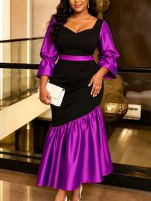 AOMEI Women's Elegant Charming Color Block Square Neck Flare Sleeve Slim Fit Ruched Bodycon Dress For Birthday Party And Formal Dinner - Purple - View 6