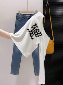 White Cold Shoulder Vintage Distressed English Quote Print Long Sleeve T-Shirt Women Spring Autumn Short Slim Fit Shoulder-Baring Versatile Slimming Base Layer Top - White - View 3