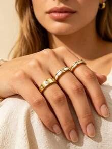 Set Cincin Wanita Stainless Steel Bertatahkan Elemen Daun Semanggi Elegan 3 Buah Satu Baris, Cocok untuk Kasual, Kencan, Berbagai Acara atau Hadiah Liburan untuk Teman - WD008JZ-8+JM757JZ-8+FSY034JZ-8 - View 4