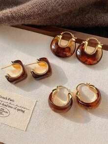 3 Pairs French Vintage Amber Texture Patchwork Earrings Set, Premium Brown Gradient Geometric Design Exaggerated Ear Clips, Suitable For Women's Daily Wear - Brown - View 1