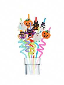 2pcs/Set Shiny Halloween Themed Straws, Made Of Durable And Reusable PET Material, Designed With Bat, Skull, Pumpkin And Witch Spider Patterns. Perfect For Birthday Parties And Spooky Halloween Party Gifts. - Multicolor - View 5