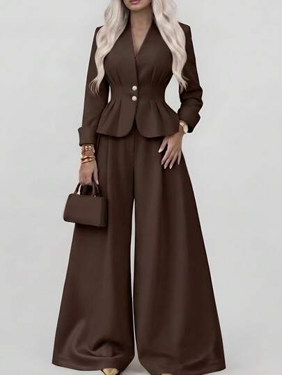 Elegantes Damen-Pendler-2 Stücke Set mit Langarm-Blazer mit V-Ausschnitt und Taillierung (mit Schulterpolstern) + Hose mit weitem Bein, einfarbig mit Knöpfen, Reißverschluss und Taschen, für Büro, Alltag und Dates