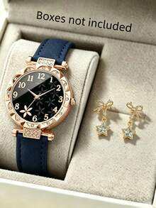 2pcs Women's Watch & Jewelry Set, Rose Gold Rhinestone Flower Dial Quartz Wristwatch With Star Stud Earrings, Valentine's Day & Birthday Gift - Multicolor - View 9