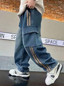 Quần jeans denim ống đứng túi hộp phong cách thường ngày mới 2026 cho bé trai, quần dài trẻ em - Rửa trung bình - Xem 2