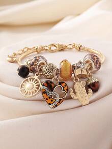 1 pieza Pulsera DIY con colgante de corazón con cuentas, cactus y piña con estampado de leopardo salvaje sexy, adecuada para uso diario casual, fiesta y discoteca de mujeres - Multicolor - Ver 13