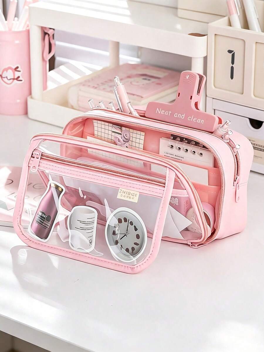 1pc Large-Capacity Transparent Pencil Case, Suitable For Students - A School Supply Box With A Girlish Aesthetic Design., Back To School, First Day Of School - Multicolor - View 1