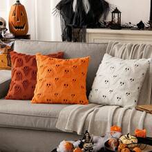 2 Stück Halloween Kissenbezüge - süße Geister dekorative Sofakissenbezüge, 45x45cm; weiche und flauschige Herbst dekorative Kissenbezüge, perfekt für Sofa, Bett und Wohnzimmer Dekoration - Orange - Übersicht 6