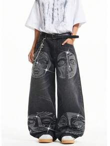 Justice Brother 1pc Hong Kong Style Street Fashion Personalized Rhinestone Men's Denim Jeans, Fashionable All-Season Loose Wide Leg Long Pants (Belt/Accessories Not Included) - Black - View 1