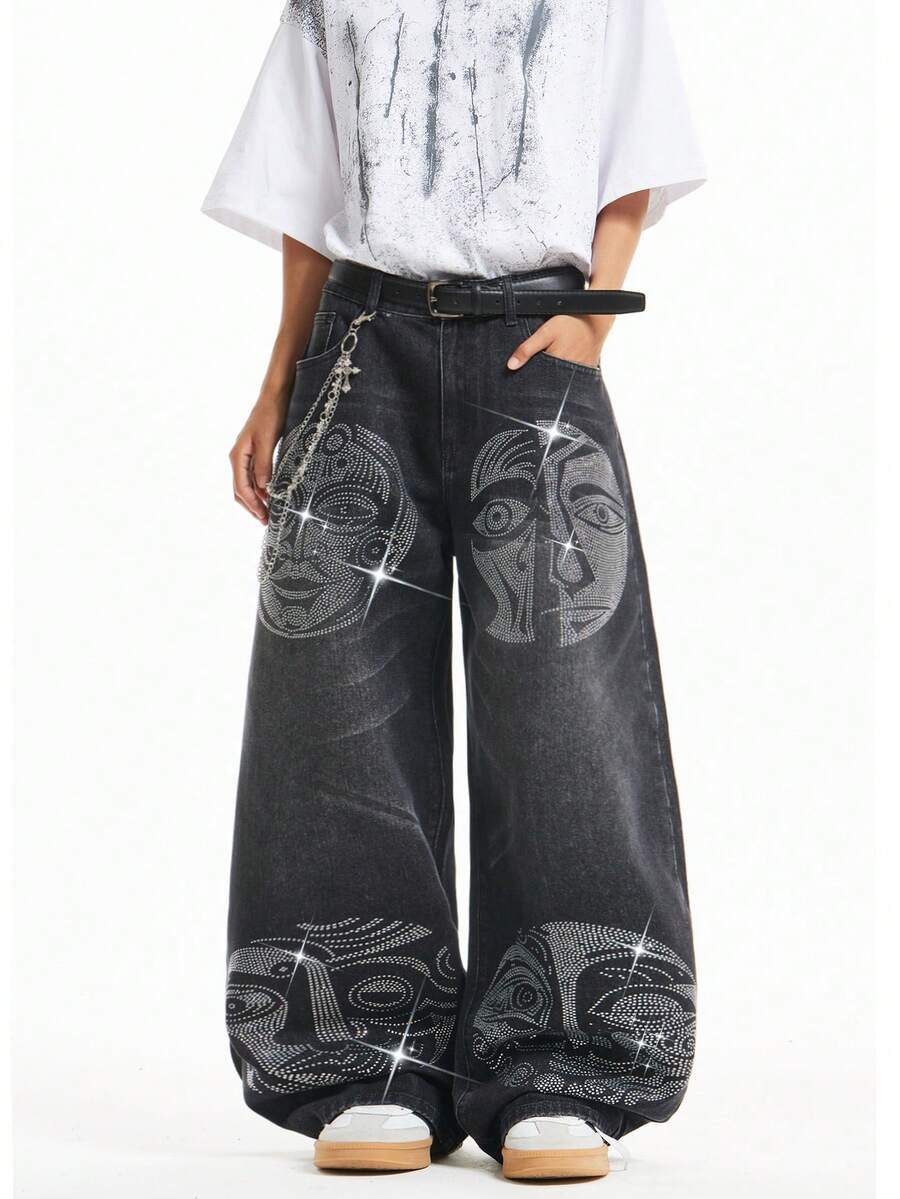 Justice Brother 1pc Hong Kong Style Street Fashion Personalized Rhinestone Men's Denim Jeans, Fashionable All-Season Loose Wide Leg Long Pants (Belt/Accessories Not Included) - Black - View 1