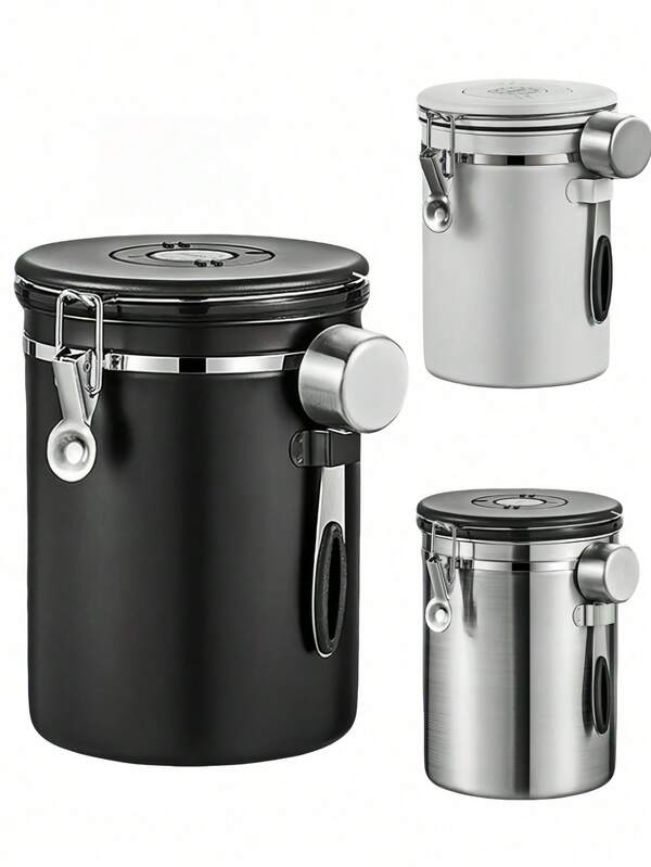1pc 1.2L/1.5L/1.8L Coffee Canister, Airtight Coffee Storage Container, Stainless Steel Kitchen Storage Jar With Date Display And Spoon, Suitable For Coffee Powder, Coffee Beans, Tea, Sugar, Flour, Grains And More