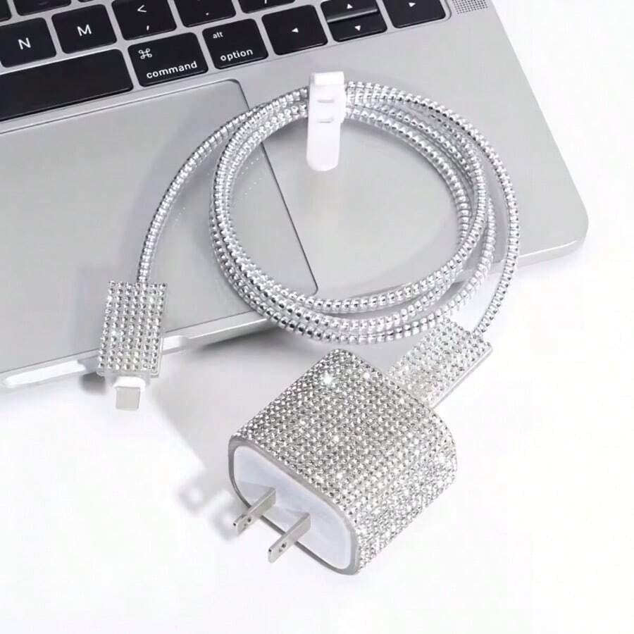 銀色/幻彩水鑽數據線保護套,兼容 Apple 18-20W 快充充電器,極簡防斷裂,延長線材壽命,防寵物啃咬,質感高級,送給男友/女友/好友的實用禮物 - 彩色 - 查看 1
