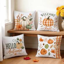 4 piezas Fundas de almohada con patrón de calabaza de otoño a cuadros naranjas sin rellenos, fundas de almohada impresas en un solo lado, adecuadas para sala de estar, dormitorio, decoración del hogar, fundas de almohada para todas las estaciones - Multicolor - Ver 11
